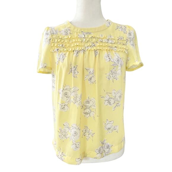 Elle Womens Yellow and Grey Floral Short Sleeve Ruffled Blouse Size XS - Picture 2 of 13